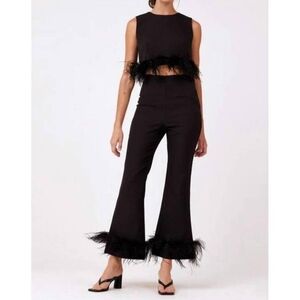 Aureum Elegant Black Feather Top And Pants Set XS
